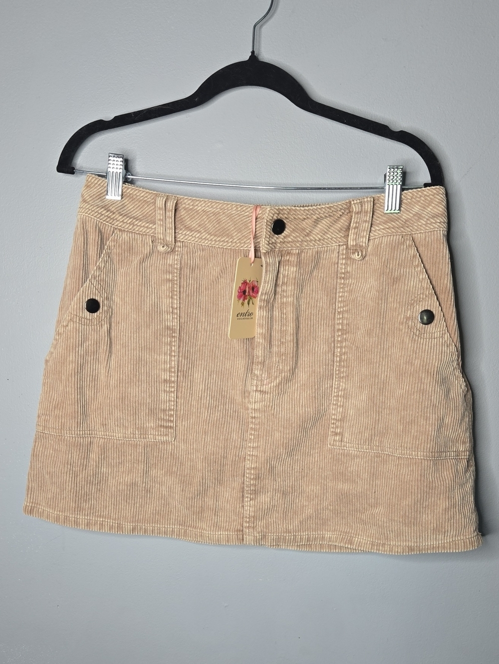 NWT Entro Beige Corduroy Mini Skirt Size Large Cotton Snap Pocket Detail